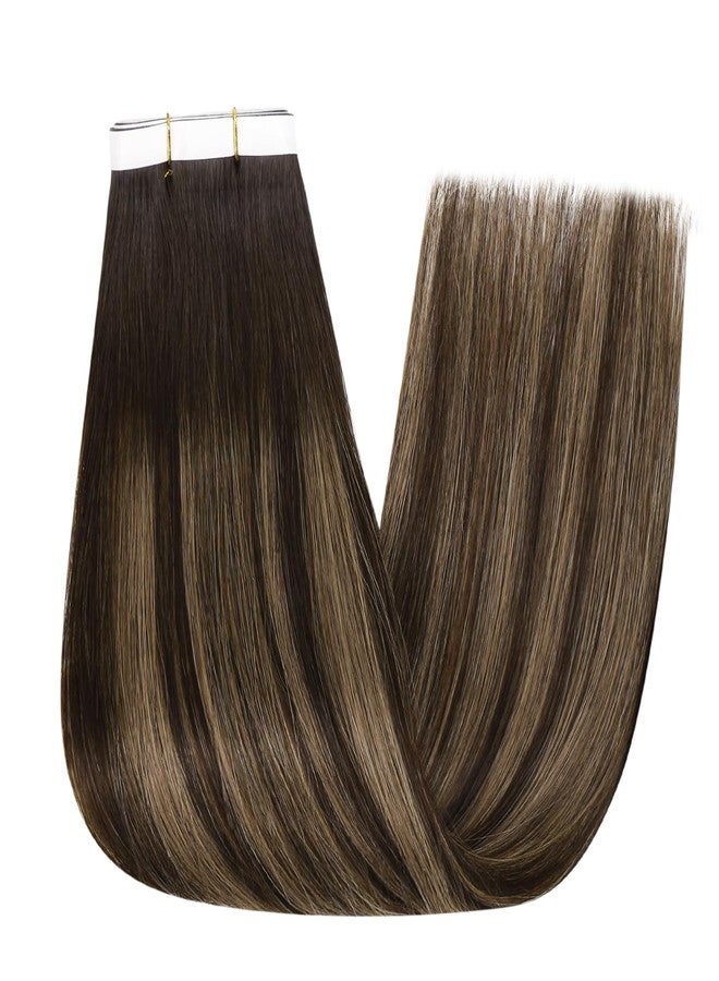 Full Shine Invisible Tape in Hair Extensions Human Hair, 2/8/2 Dark Brown with Honey Brown Highlights, Wide Weft Tape in Extensions Silky Straight Brazilian Extension 24 Inch 50g 1pcs Natural Look - Image 5