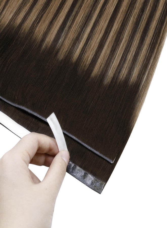 Full Shine Invisible Tape in Hair Extensions Human Hair, 2/8/2 Dark Brown with Honey Brown Highlights, Wide Weft Tape in Extensions Silky Straight Brazilian Extension 24 Inch 50g 1pcs Natural Look - Image 2