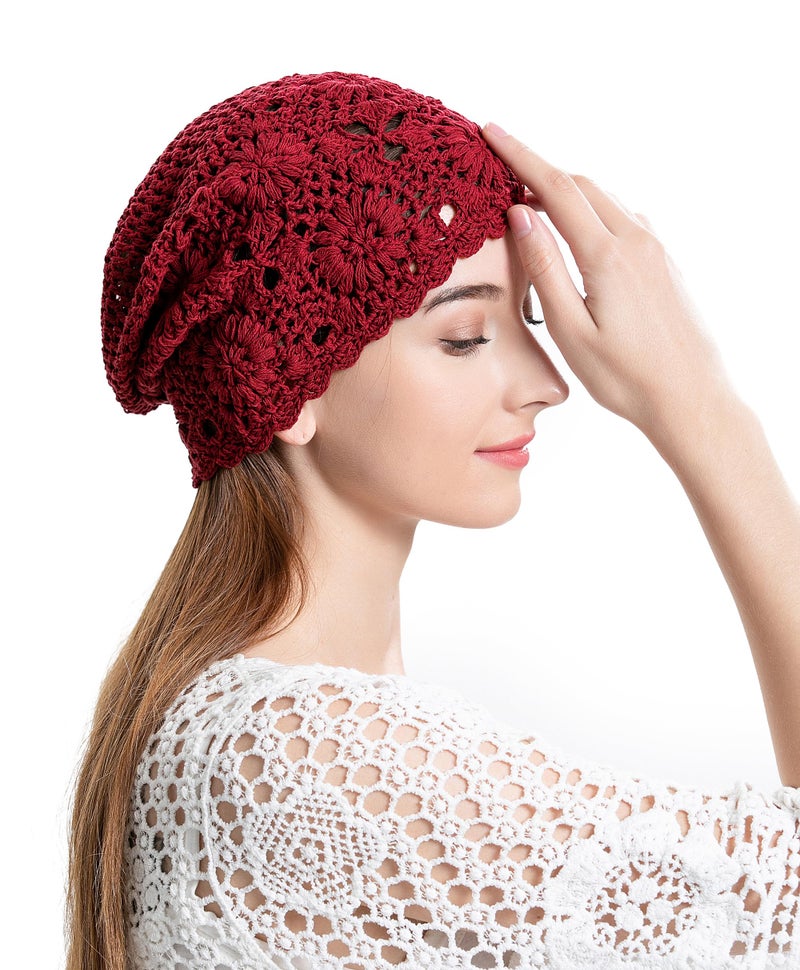 ZLYC Women Cotton Crochet Slouchy Beanie Hat Handmade Knit Summer Skull Cap, Solid Red, one Size fits Most - Image 3
