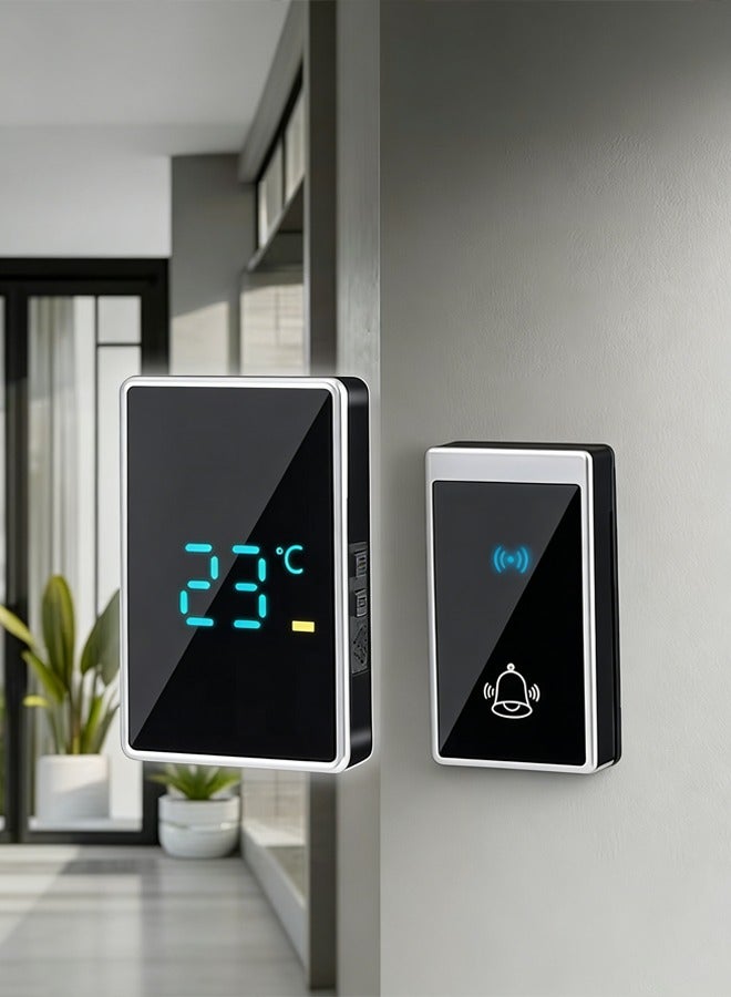 لوكيبا نظام جرس باب لاسلكي مع شاشة عرض درجة الحرارة ومصباح LED وامض؛ يتميز بنطاق يصل إلى 1000+ قدم، و56 نغمة، و5 مستويات صوت، وتصميم مقاوم للماء. مثالي للاستخدام في المنزل والمكتب والشقة. (1 جهاز استقبال، 1 جهاز إرسال، لون أسود فضي مضاد للسرقة) - Image 1