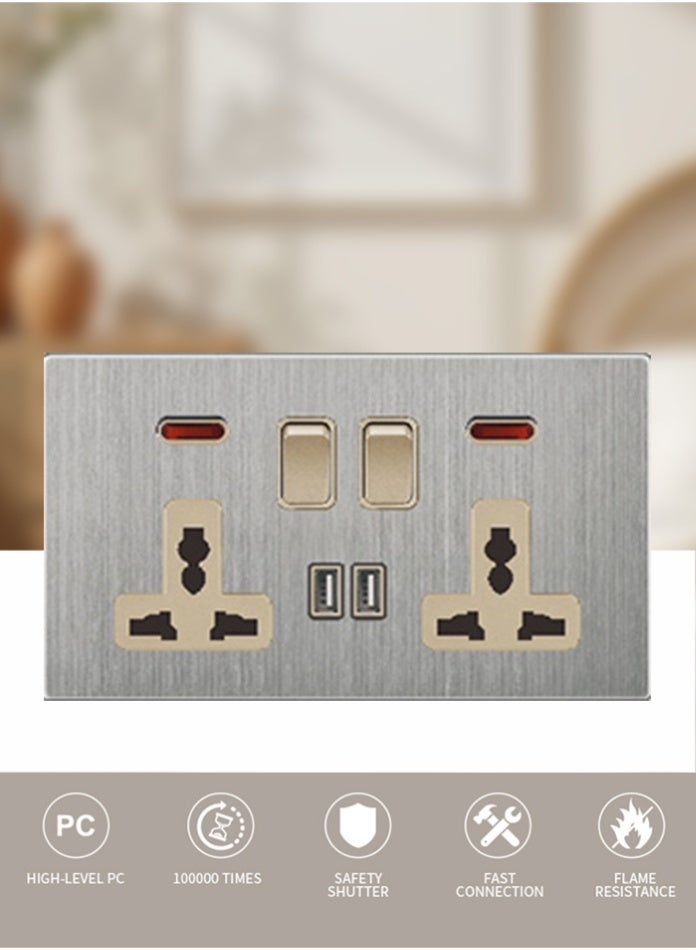 Vmax Double MF Wall Socket with Dual Switch & 2 USB Ports | Modern Brushed Metal Finish | Safe & Durable Electrical Outlet for Home, Office & Commercial Use - Image 4
