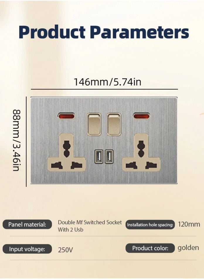 Vmax Double MF Wall Socket with Dual Switch & 2 USB Ports | Modern Brushed Metal Finish | Safe & Durable Electrical Outlet for Home, Office & Commercial Use - Image 2