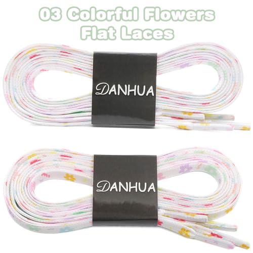 DANHUA Colored Printed Flat Shoelaces: 2 Pair Colorful Flowers Patterned Shoe Laces for Sneakers 55 inch - Image 2