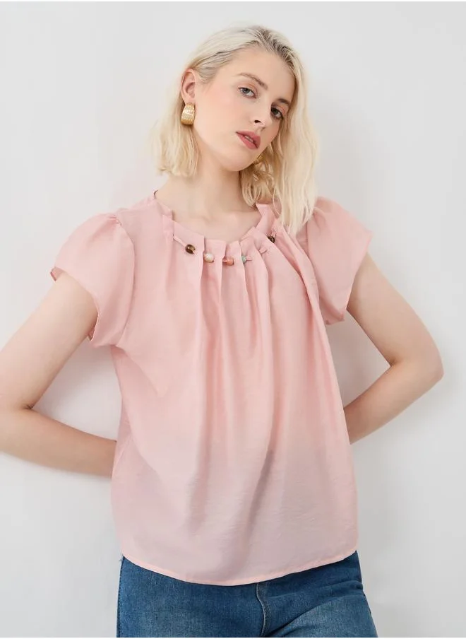 تايك تو Take Two Beaded Embellished Pleated Short Sleeve Top