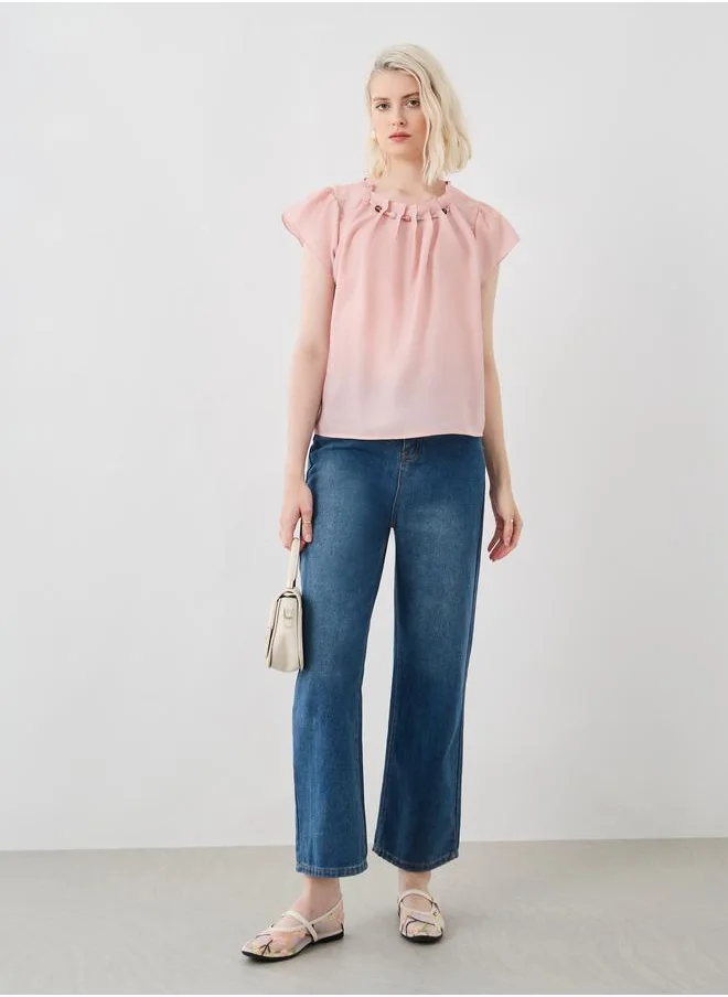 تايك تو Take Two Beaded Embellished Pleated Short Sleeve Top