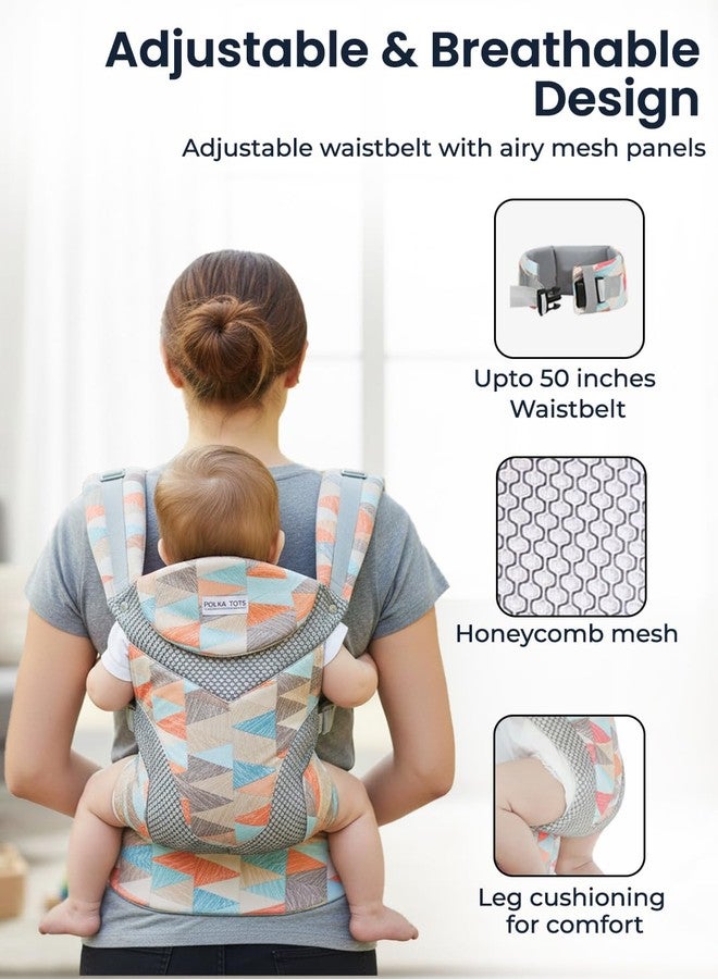 POLKA TOTS Ergonomic Baby Carrier for 0 to 3 Year Baby, 3-in-1 Lightweight Breathable Mesh Baby Holder with M-Shape Seat, Adjustable Belt, Extra Cushioning & Sun Protection Hood (Up to 20kg) (Triangle Print) - Image 3