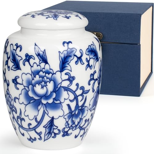 SIBRANT Small Urns for Human Ashes, Ceramic Memorial Mini Urns, Ceramic Urns for Female & Male Pet Ashes,Small Sharing Ash Keepsake with Exquisite Box Honor Your Loved One Lost（Blue &1M） - Image 1