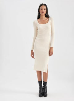 DeFacto Rib Square Neck Bodycon Midi Dress with Side Slit by Styli  - Image 1