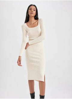 DeFacto Rib Square Neck Bodycon Midi Dress with Side Slit by Styli  - Image 4