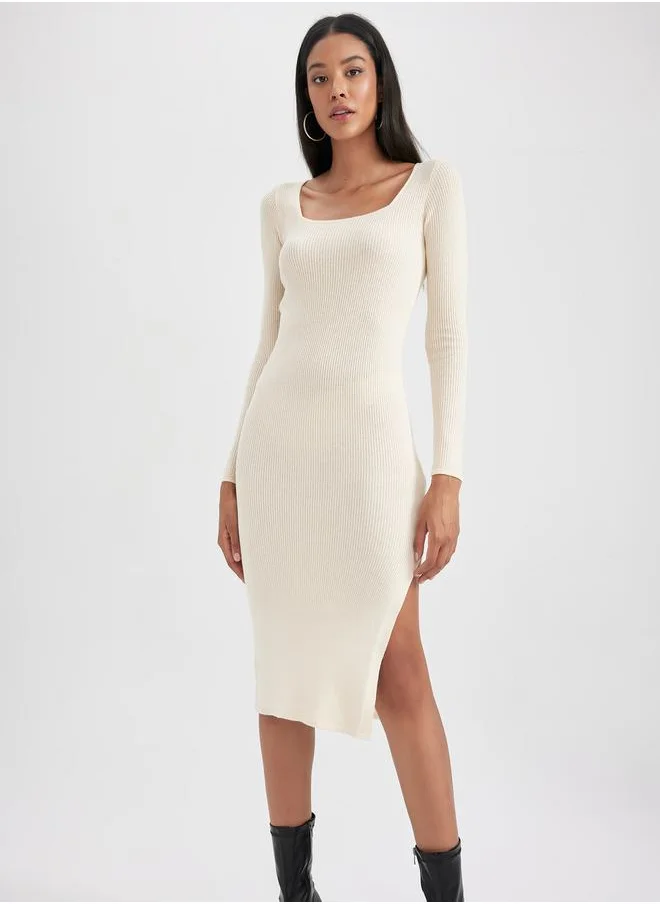 DeFacto Rib Square Neck Bodycon Midi Dress with Side Slit