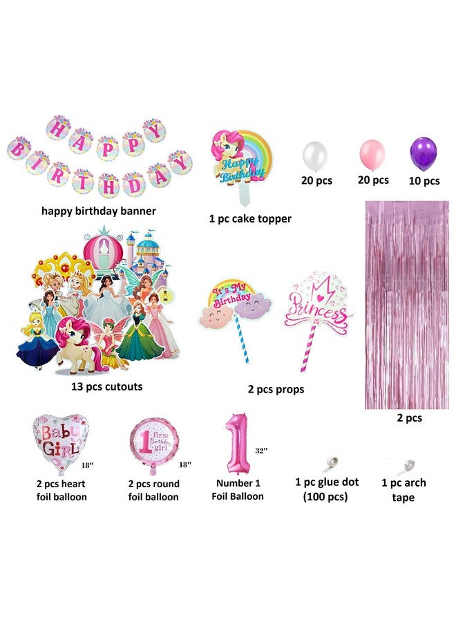 FI - FLICK IN FI - FLICK IN 76 pcs 1st Birthday Decoration for Girls Castle Cutouts Curtain Princess Theme Birthday Party Decorations Number 1 Foil Balloon Anna Elsa Bday Decoration (Pack of 76, Pink)  - Image 2