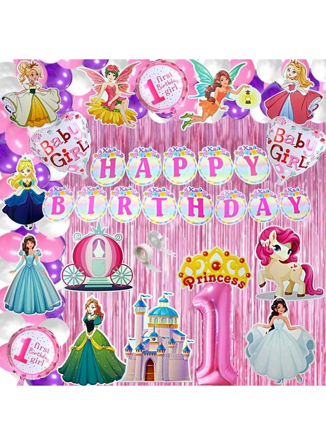 FI - FLICK IN FI - FLICK IN 76 pcs 1st Birthday Decoration for Girls Castle Cutouts Curtain Princess Theme Birthday Party Decorations Number 1 Foil Balloon Anna Elsa Bday Decoration (Pack of 76, Pink)  - Image 1
