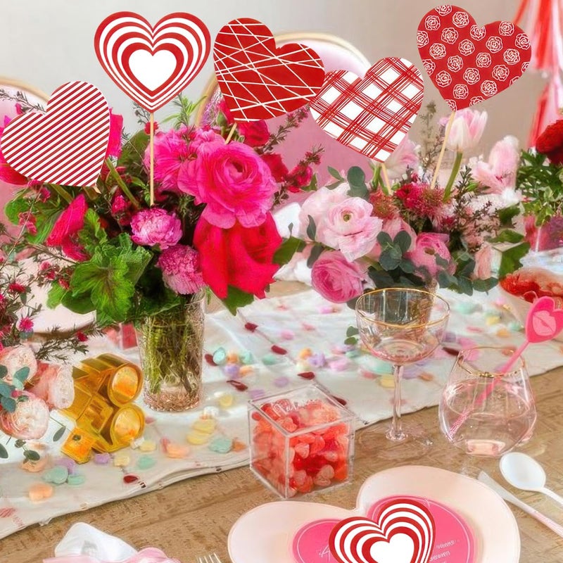 AUOCATTAIL 15 Pcs Valentines Day Heart Floral Picks Red Heart on Sticks Bouquet Tabletop Centerpiece Decoration for Home Vase Filler Wedding Anniversary Crafts Stems Arrangement DIY Photo Prop Party Supplies - Image 4