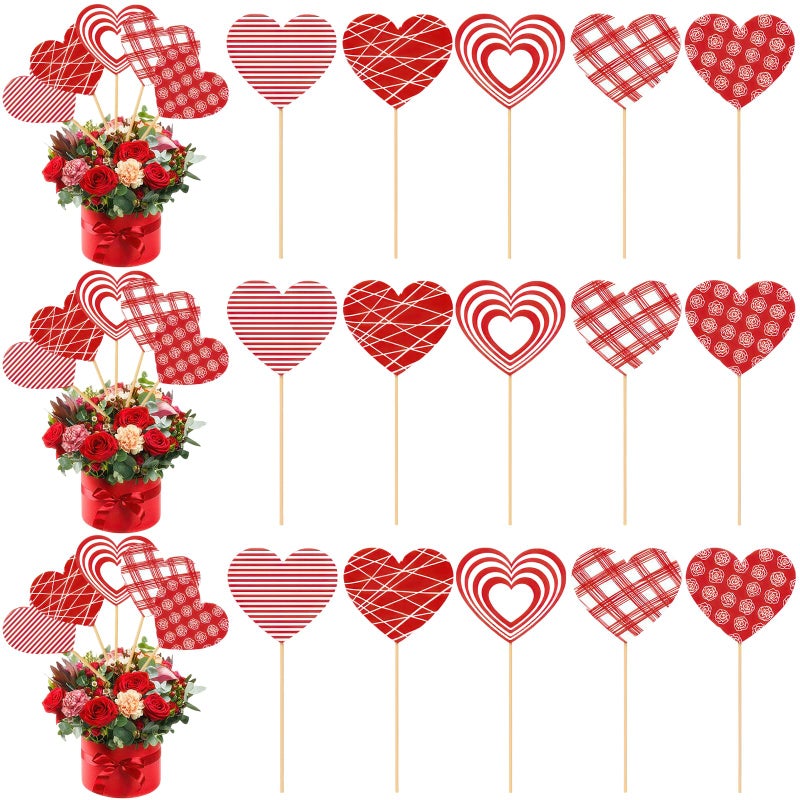 AUOCATTAIL 15 Pcs Valentines Day Heart Floral Picks Red Heart on Sticks Bouquet Tabletop Centerpiece Decoration for Home Vase Filler Wedding Anniversary Crafts Stems Arrangement DIY Photo Prop Party Supplies - Image 1