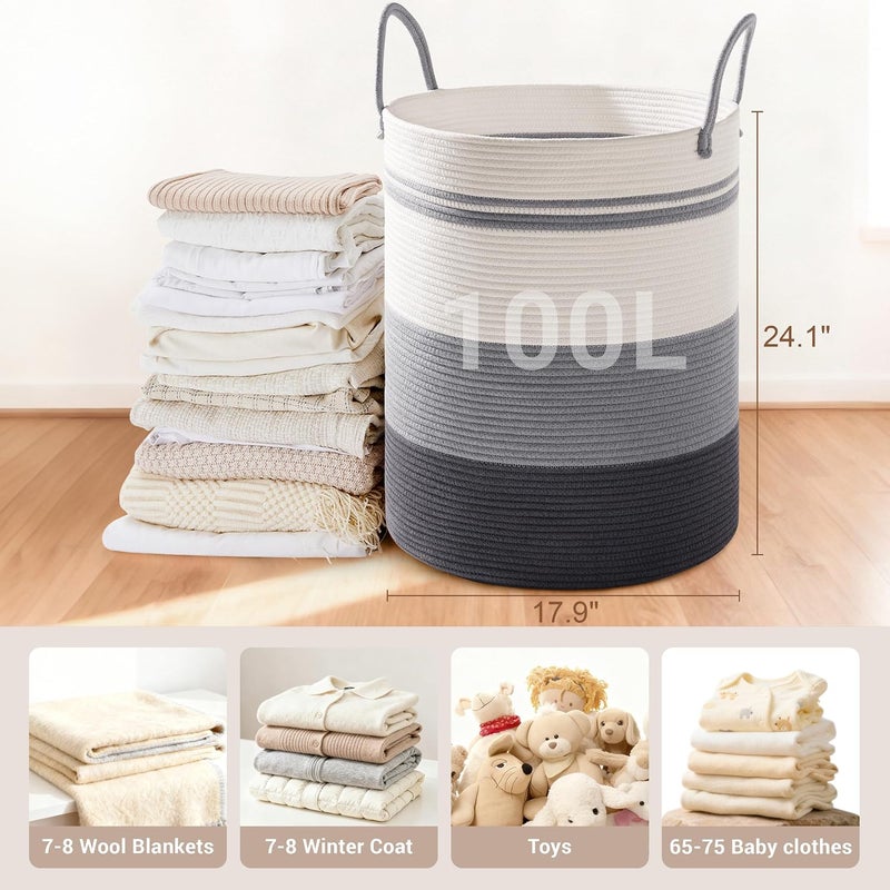 SunNewt Tall Laundry Basket with Handles, 100L Portable Dirty Clothes Hamper, Cotton Rope Storage Bin for Blankets Kids Toys Gifts, Extra Large Organizer for Nursery Bedroom Bathroom, Grey Striped - Image 2
