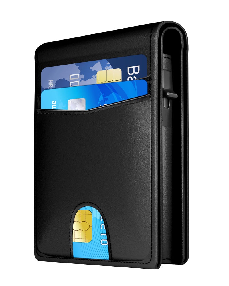 QLD Wallet for Men - RFID Blocking [Functional & Practical] Bifold Slim Minimalist Credit Card Holder Pop Up Metal Case with Cash Slot, Front Pocket with ID Window, Gift Boxed (BLACK) - Image 1
