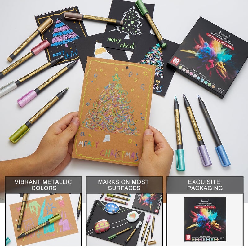 Brusarth Metallic Marker Pens - 10 Colors Medium Point Metallic Markers for Rock Painting,Black Paper,Scrapbooking Crafts, Card Making,DIY Photo Album,Ceramic - Image 3