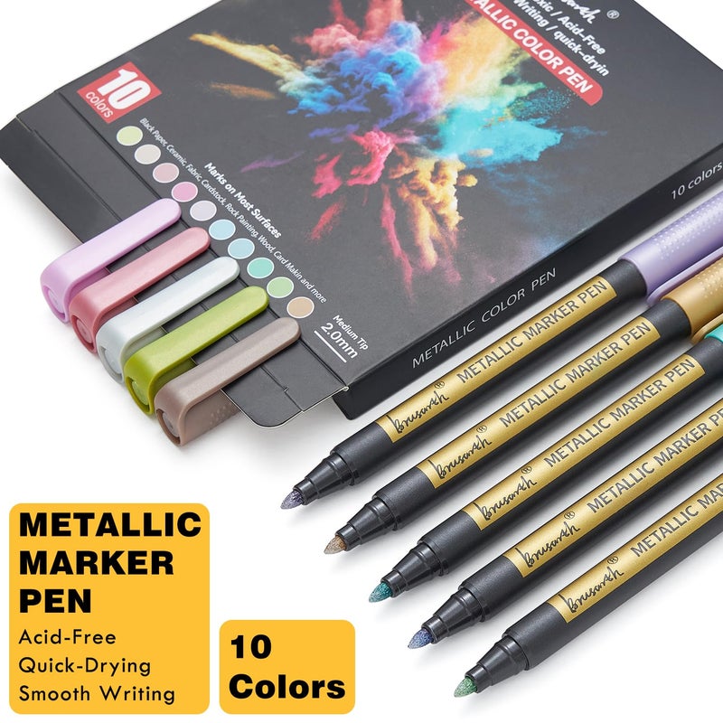 Brusarth Metallic Marker Pens - 10 Colors Medium Point Metallic Markers for Rock Painting,Black Paper,Scrapbooking Crafts, Card Making,DIY Photo Album,Ceramic - Image 2