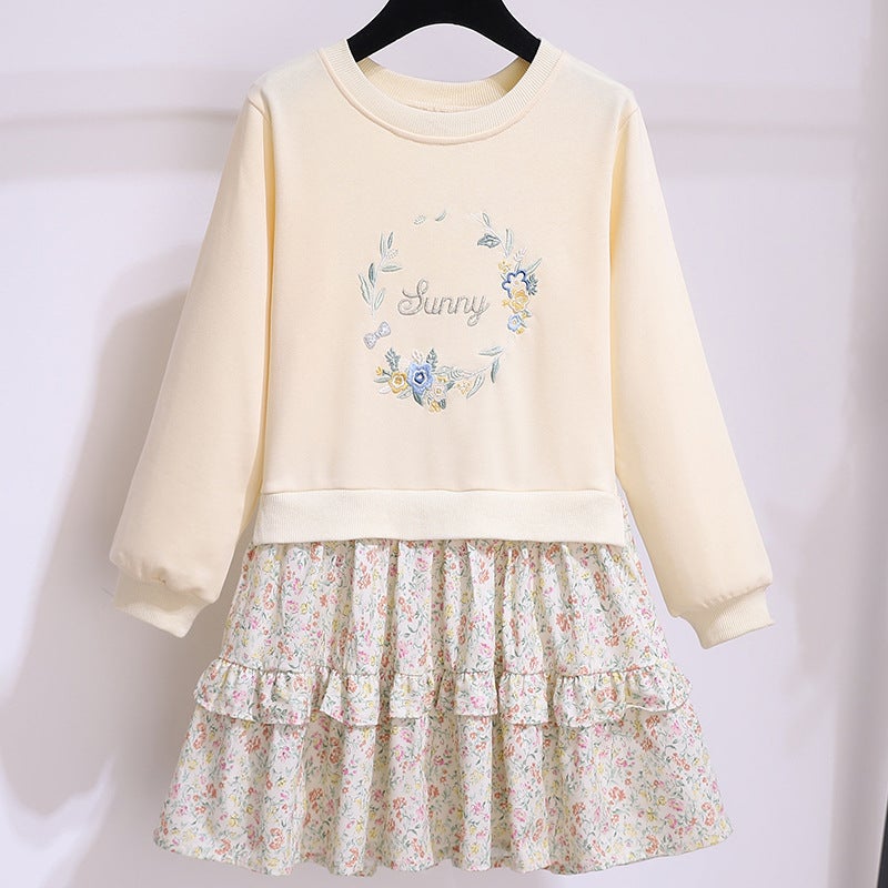 Girls Floral Princess Dress Long Sleeve Autumn Yellow 