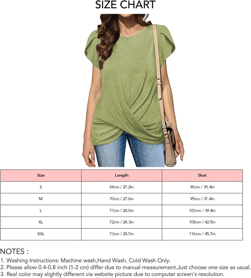 klarako Women Short Sleeve T Shirt Crewneck Ruched Hem Summer Casual Loose Top Basic Tee Solid Color Petal Sleeve Blouse Top - Image 4