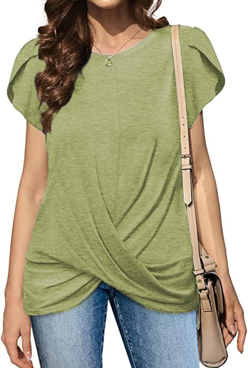 klarako Women Short Sleeve T Shirt Crewneck Ruched Hem Summer Casual Loose Top Basic Tee Solid Color Petal Sleeve Blouse Top - Image 1