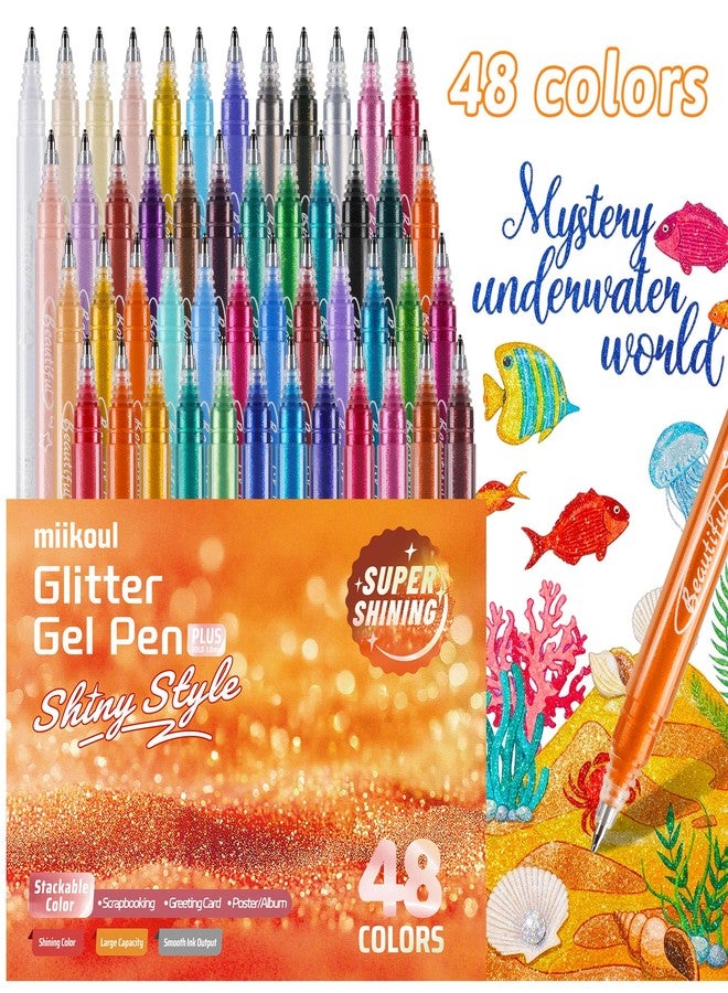miikoul Jumbo Glitter Gel Pens, 48 Pack 1.0mm Fine Tip Large Capacity Colored Drawing Pens Sparkly Metallic Shimmer Paint Pen Water-Based Ink for Adults Coloring DIY Craft Making Dooding Scrapbooking - Image 1