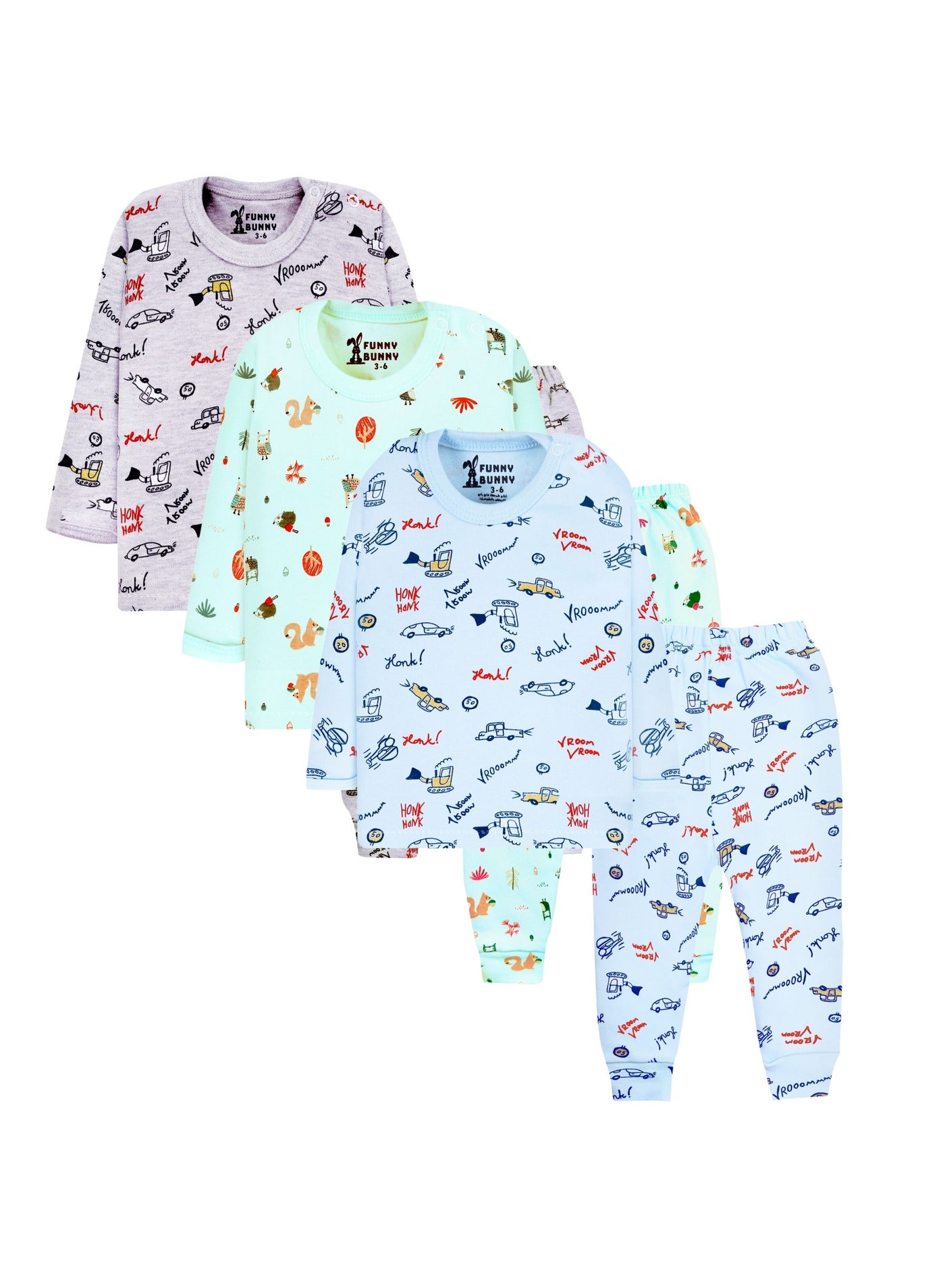 Funny Bunny Pack of 3 Cotton Long Sleeve & Pants Underwear Set for Baby