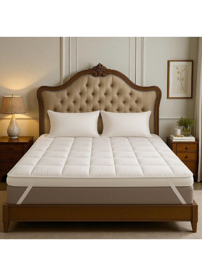 أميريكان لينين غطاء مرتبة فاخر من أمريكان لينين - ٢٠٠×٢٠٠×٨ سم | ألياف دقيقة فائقة النعومة ٩٠٠ جرام للمتر المربع | راحة فائقة | وسادة سرير سميكة، خفيفة الوزن، وجيدة التهوية، مع أشرطة مرنة - أبيض - Image 1