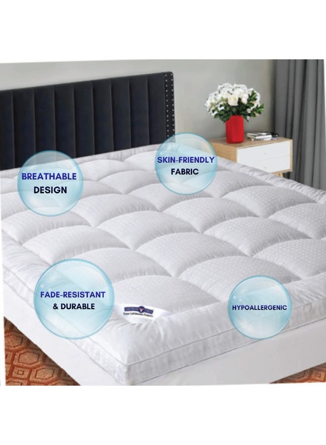 أميريكان لينين غطاء مرتبة فاخر من أمريكان لينين - ٢٠٠×٢٠٠×٨ سم | ألياف دقيقة فائقة النعومة ٩٠٠ جرام للمتر المربع | راحة فائقة | وسادة سرير سميكة، خفيفة الوزن، وجيدة التهوية، مع أشرطة مرنة - أبيض - Image 2