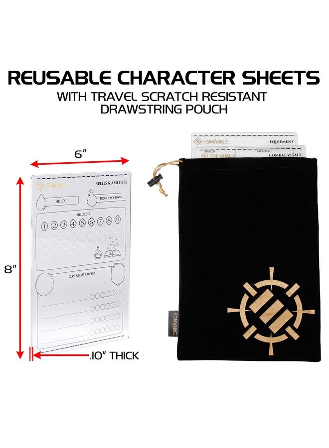 ENHANCE مجموعة أوراق شخصيات أكريليك قابلة لإعادة الاستخدام 5E زنزانات وتنانين (معدات السحر القتالية) لجميع فئات DnD 5E تشمل 3 أوراق وأقلام تحديد قابلة للمسح وحقيبة سفر - Image 3