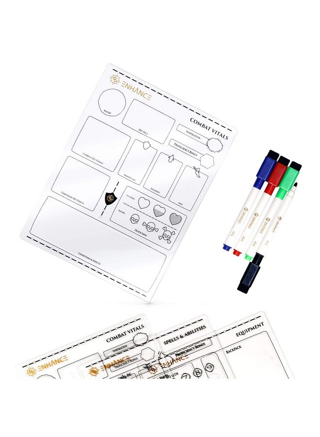 ENHANCE مجموعة أوراق شخصيات أكريليك قابلة لإعادة الاستخدام 5E زنزانات وتنانين (معدات السحر القتالية) لجميع فئات DnD 5E تشمل 3 أوراق وأقلام تحديد قابلة للمسح وحقيبة سفر - Image 2
