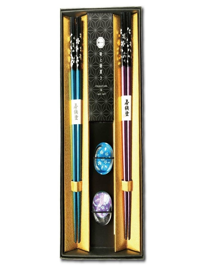Terra Distribution Premium Japanese Chopsticks Reusable with Chopsticks Rest Set of 2 Pairs[ Made in Japan ] Traditional Lacquer Art Wooden Chopsticks (Cherry Blossom BL/PU(MK025)), Black - Image 1