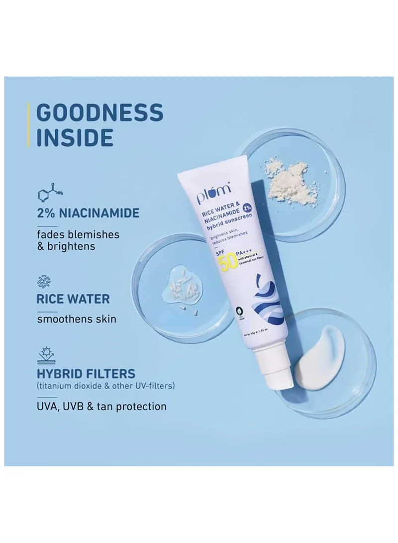 Plum Plum Sunscreen SPF 50 Face with 2% Niacinamide & Rice Water Hybrid PA+++, Protects Skin, No White Cast, Reduces Blemishes, Non-Greasy, UVA & UVB