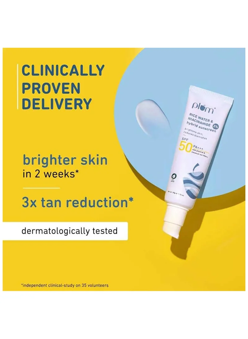 Plum  Plum Sunscreen SPF 50 Face with 2% Niacinamide & Rice Water Hybrid PA+++, Protects Skin, No White Cast, Reduces Blemishes, Non-Greasy, UVA & UVB  | Best Price UAE