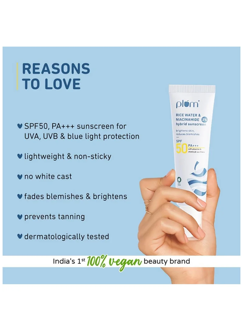 Plum  Plum Sunscreen SPF 50 Face with 2% Niacinamide & Rice Water Hybrid PA+++, Protects Skin, No White Cast, Reduces Blemishes, Non-Greasy, UVA & UVB  | Best Price UAE