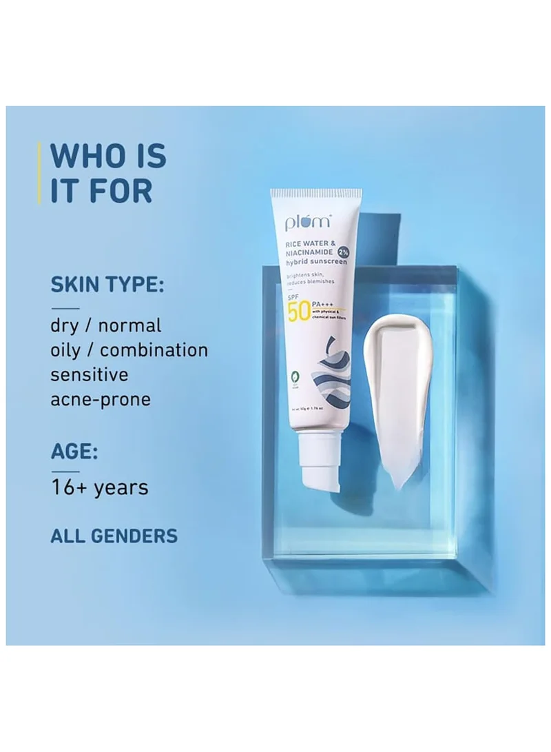 Plum  Plum Sunscreen SPF 50 Face with 2% Niacinamide & Rice Water Hybrid PA+++, Protects Skin, No White Cast, Reduces Blemishes, Non-Greasy, UVA & UVB  | Best Price UAE