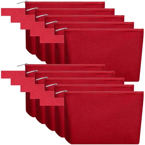 Sinzip 10 Pieces Cotton Canvas Makeup Bag with Bottom and Strap MultiPurpose Cosmetic Bag with Zipper Travel Toiletry Pouch Blank DIY Craft Bag Red L - Image 1