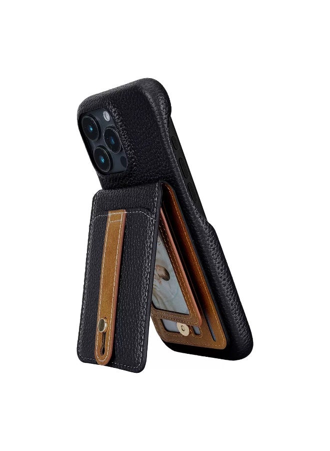 HYH Luxury Lychee Grain Leather Phone Case for iPhone 16 Pro Max, Card Holder Wallet Case with Ring Holder & Mirror, Shockproof Protective Cover with 4 Card Slots - Image 1