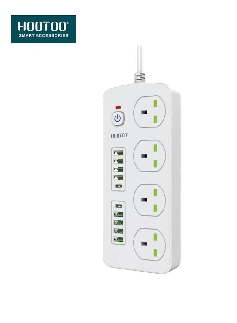 هوتو توصيله كهربائيه ماركة هوتو بقوه 3000 واط اربع منافذ و 8 منافذ يواس بي ومنفذين تايب سي طول 3 امتار اللون ابيض بزر تحكم للاغلاق  مقاومة عالية للحرارة وزر أمان، ابيض توصيله كهربائيه توصيله مقبس كهربائي فيش ثلالثي مقبس تمديد متعدد مقبس ذكي وصله  شاحن توصيله يو اس بي - Image 1
