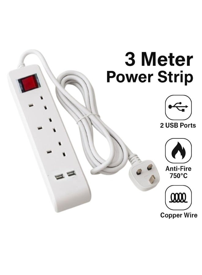 Hi Max 3-Meter Multiple Extension Cord Set – 3 Sockets with Individual Switches, USB Smart Charging Ports, Overload & Fire Protection, SASO Certified – 2990W High Power Capacity - Image 2