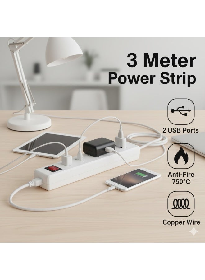 Hi Max 3-Meter Multiple Extension Cord Set – 3 Sockets with Individual Switches, USB Smart Charging Ports, Overload & Fire Protection, SASO Certified – 2990W High Power Capacity - Image 3