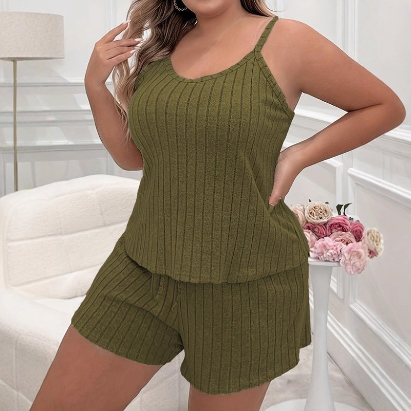 Women's Summer Casual Loungewear Set - Sleeveless Cami Top and Shorts, Solid Color, Polyester Blend - Image 5