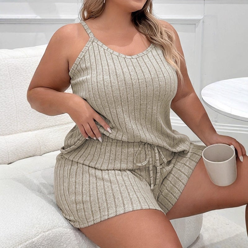 Women's Summer Casual Loungewear Set - Sleeveless Cami Top and Shorts, Solid Color, Polyester Blend - Image 2
