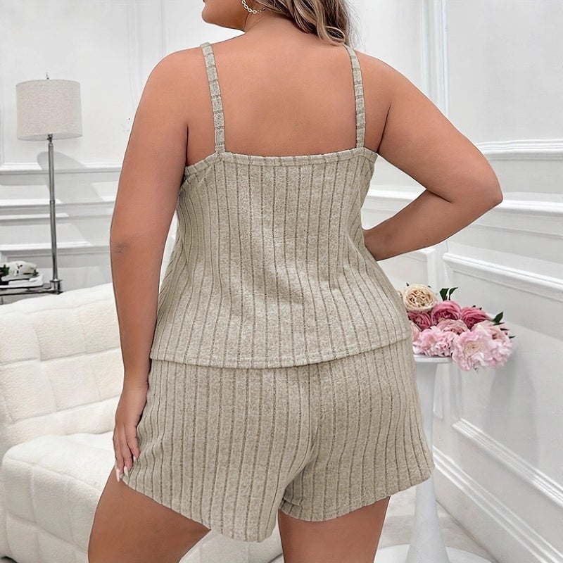 Women's Summer Casual Loungewear Set - Sleeveless Cami Top and Shorts, Solid Color, Polyester Blend - Image 3
