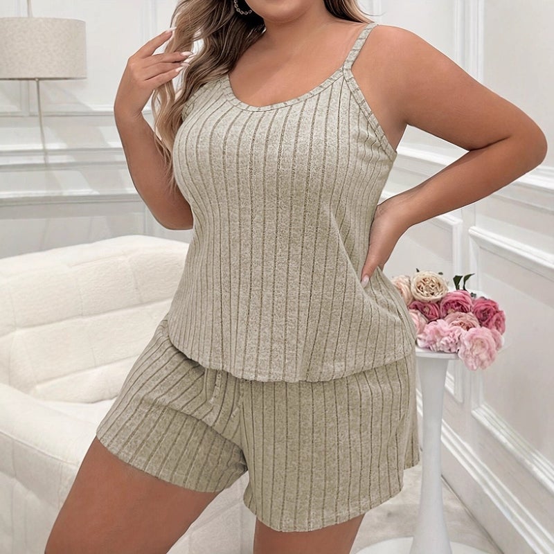 Women's Summer Casual Loungewear Set - Sleeveless Cami Top and Shorts, Solid Color, Polyester Blend - Image 1