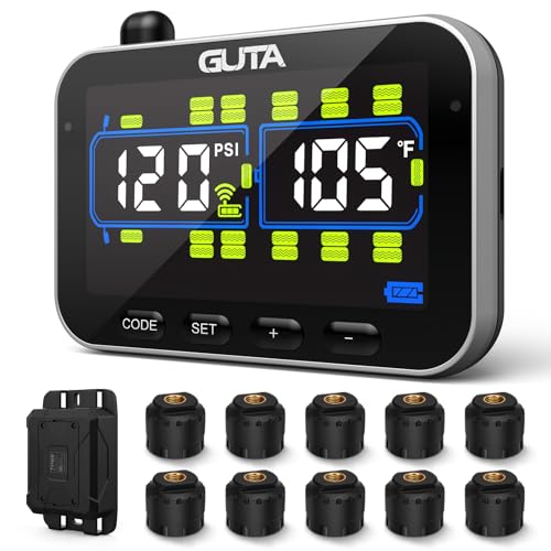 GUTA Trailer Tire Pressure Monitoring System, RV Tire Pressure Monitor with 10 Sensors, 6 Alert Modes, Signal Booster, Large Color Display, Long Sensing Distance, 0-188PSI TPMS for RV Trailer Semi - Image 1