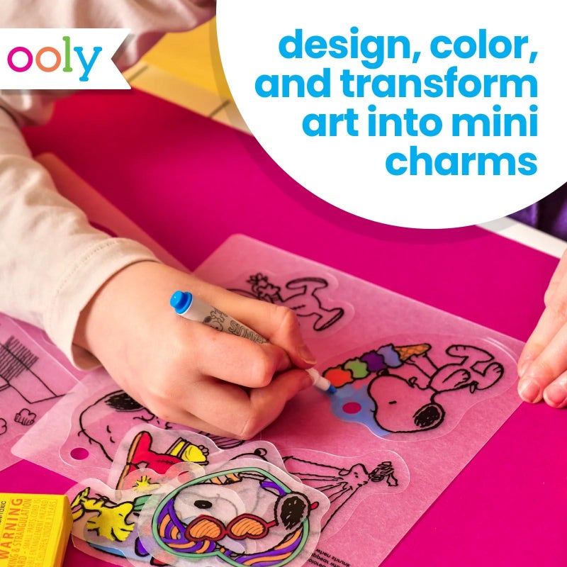 Ooly x Peanuts Snoopy 34 PC DIY Shrinking Art Kit for Kids with Markers, 20 Plastic Pre Cut Charms and More, No Mess Creative Activity Jewelry Making Kit - Image 3