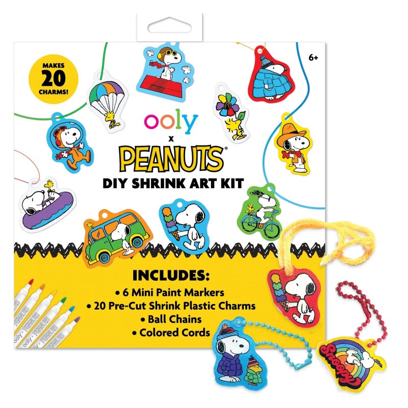 Ooly x Peanuts Snoopy 34 PC DIY Shrinking Art Kit for Kids with Markers, 20 Plastic Pre Cut Charms and More, No Mess Creative Activity Jewelry Making Kit - Image 1