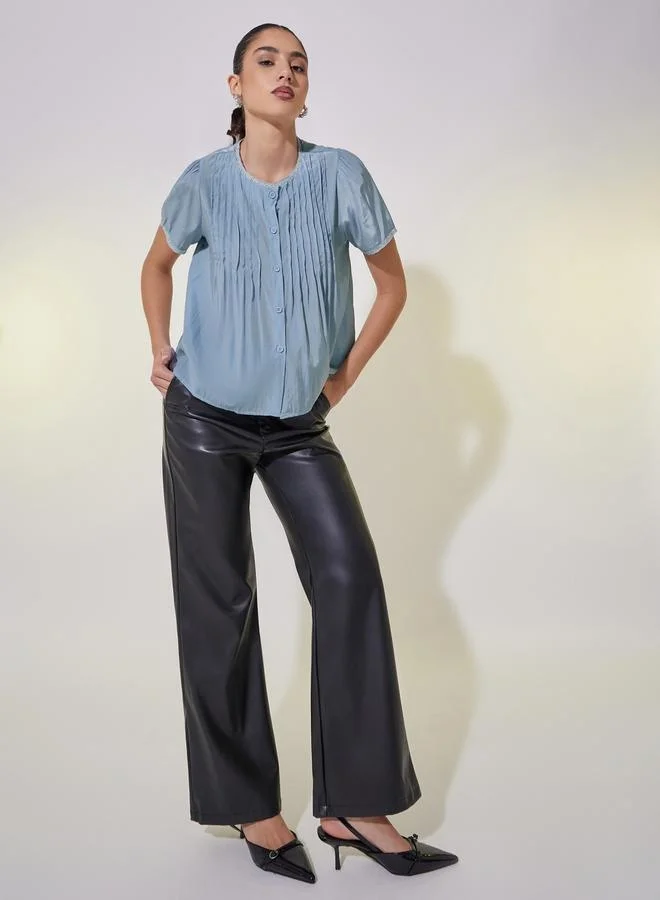 Take Two Pintuck Detail Puff Sleeve Shirt with Lace Trim