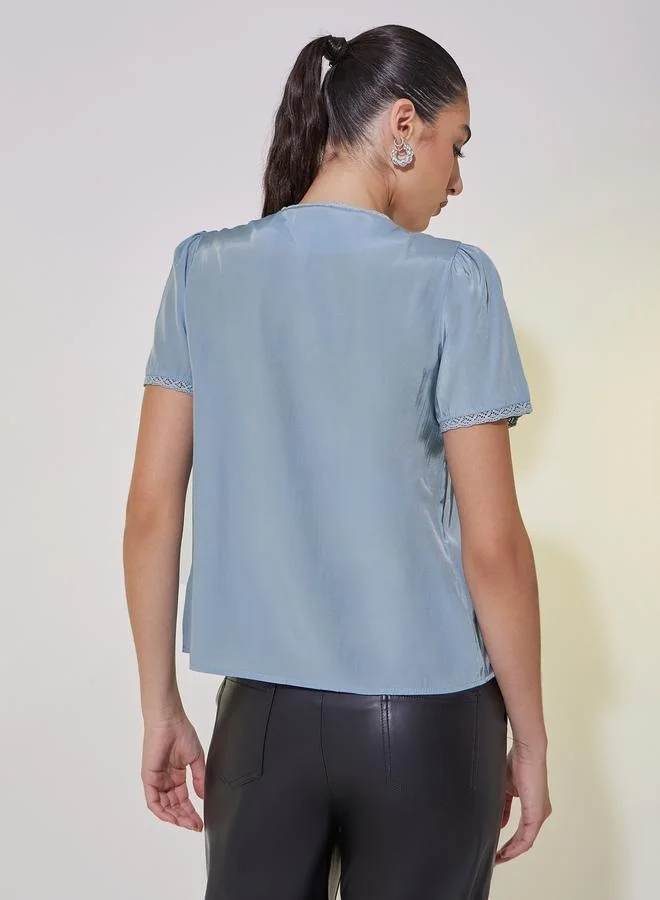Take Two Pintuck Detail Puff Sleeve Shirt with Lace Trim